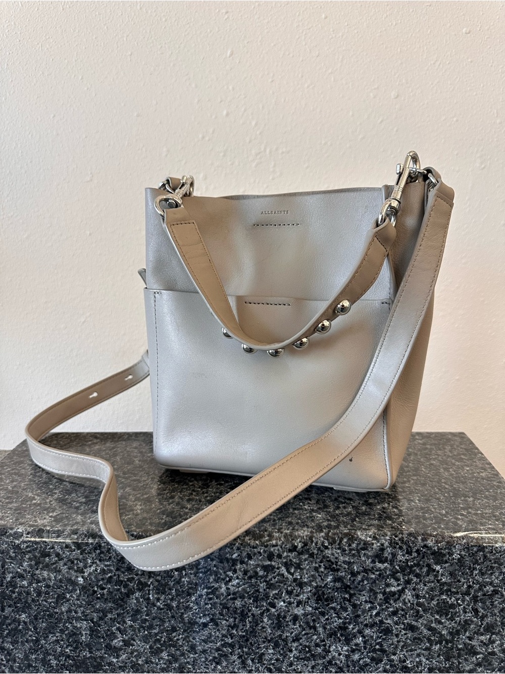 All Saints Light Gray genuine Leather crossbody purse